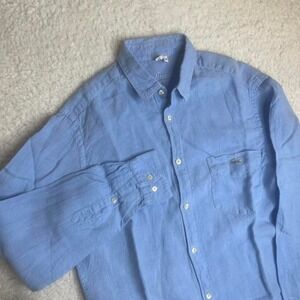 Lacoste men's blue 100% linen button up shirt pocket flow preppy 38